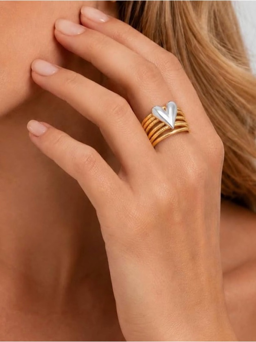 Gold and Silver Heart Stack Adjustable Ring - Women Jewelry
